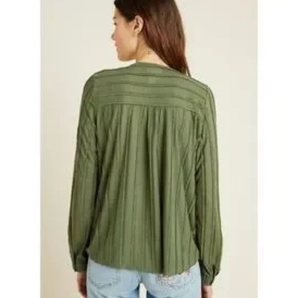 Maeve Anthropologie Audre Faux Wrap Surplice Shirt Green Striped Long Sleeve-XS - Picture 9 of 15